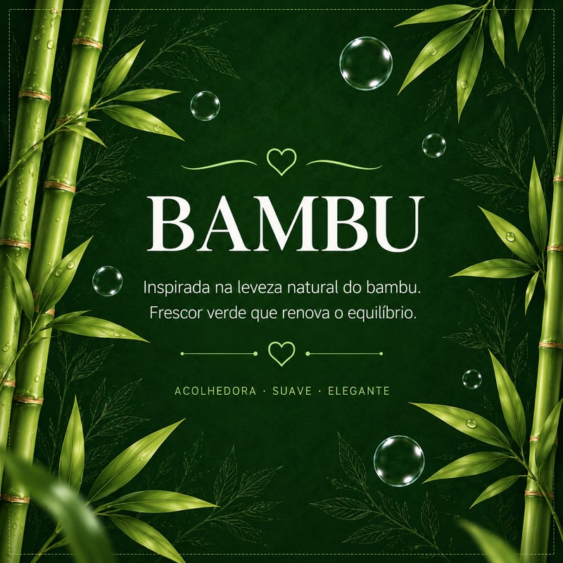 Rótulo da fragrância Bambu. Frescor natural. Leveza que lembra ar puro e folhas ao vento.