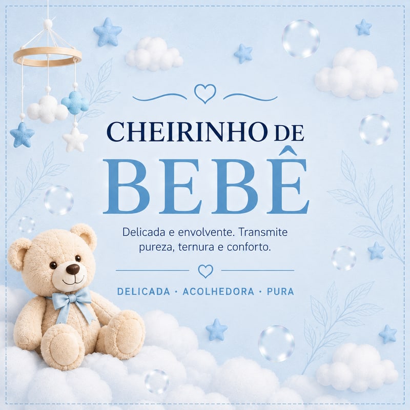 Rótulo da fragrância Cheirinho de Bebê. Aconchegante e macio. Roupa cheirosa que conforta.