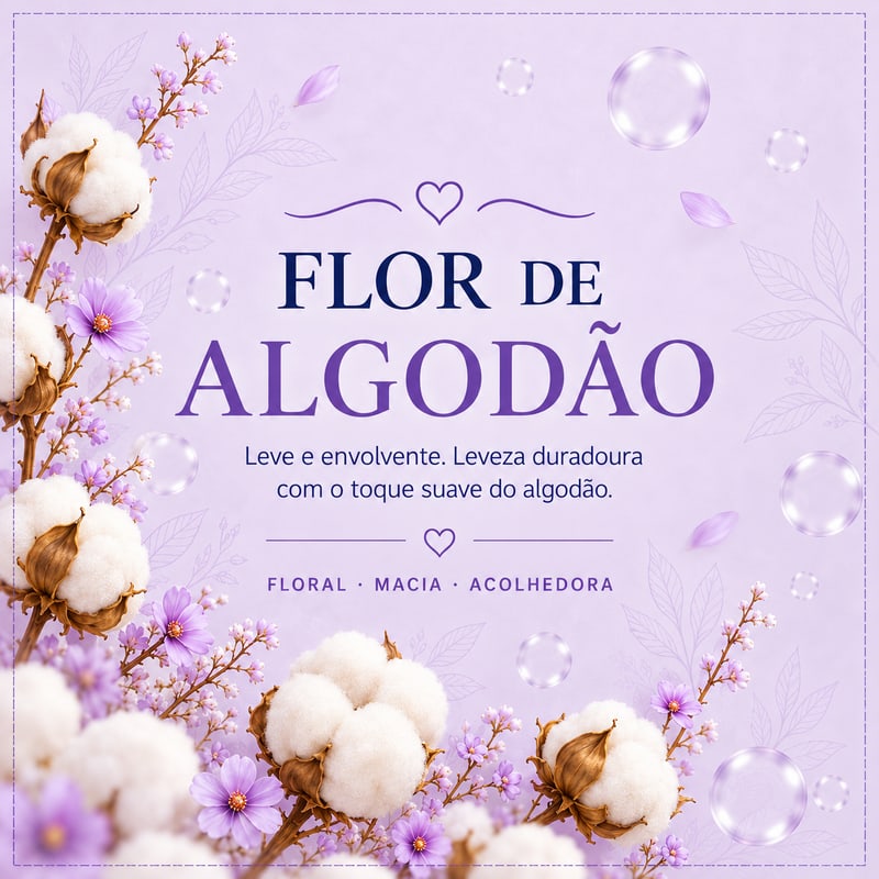 Rótulo da fragrância Flor de Algodão. Suave e delicado. Aquele cheiro de roupa limpa do jeito certo.