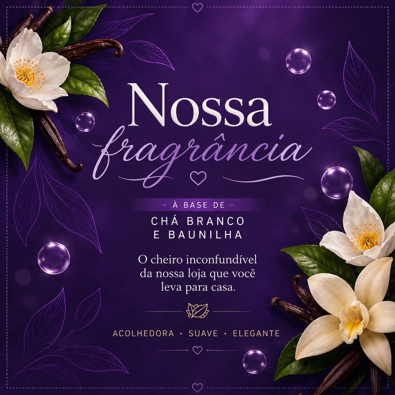 Rótulo da fragrância Nossa Fragrância. À base de chá branco e baunilha. O cheiro da loja que você leva para casa.
